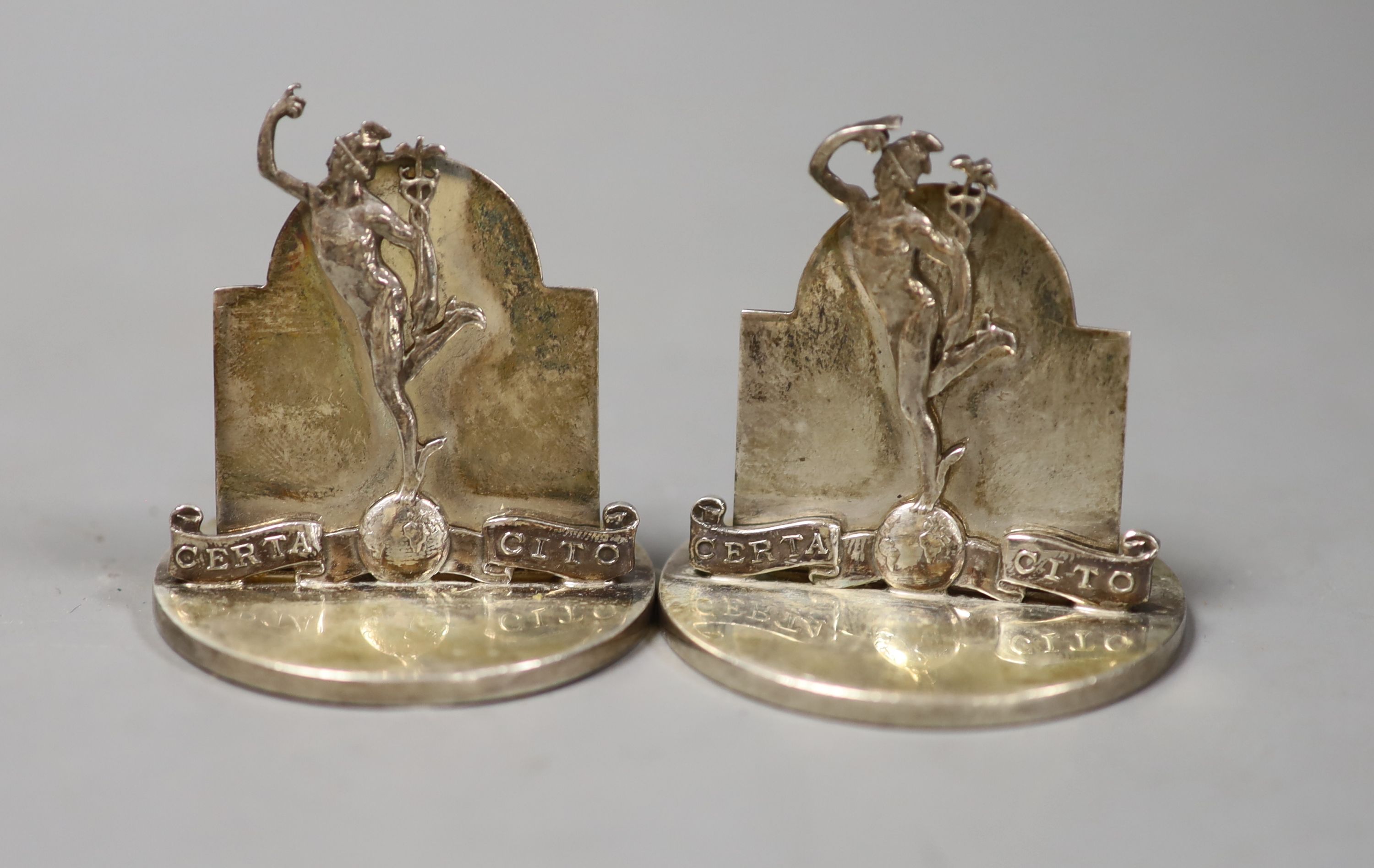 A pair of 1930's Royal Corps of Signals silver menu holders, H. Phillips, London, 1935/6